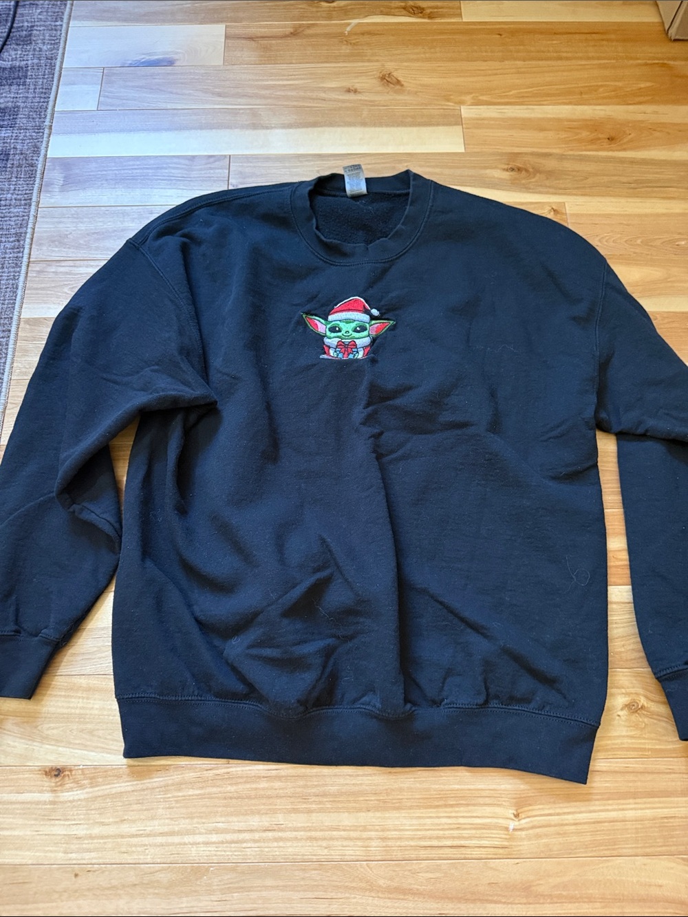 Gildan Black Crewneck Sweater with Festive Baby Yoda Embroidery